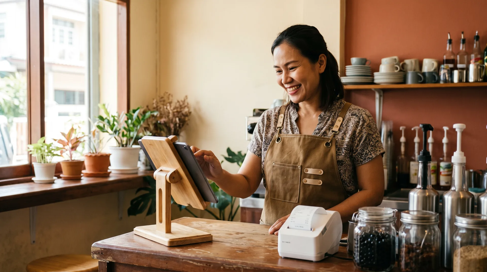 เจ้าของร้านชานมกำลังใช้ระบบขายบน tablet
